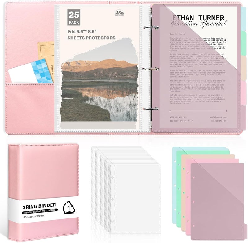 WANGDEFA （Half Size）Pu Leather Mini 3 Ring Binder with 5-Tabs Pocket Dividers & 25 Sheet Protectors 5.5 x 8.5 Professional Organizer Cute Organizer Binders 1" D Rings for Small Binder Paper School Office(Pink) - Image 1